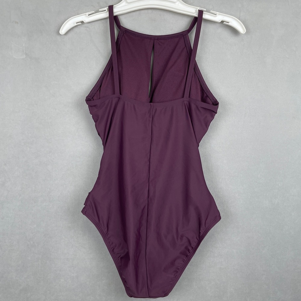Ellen Tracy Women Plum Purple Ruched Keyhole High Neck One Piece Swimsuit Size 6 - Picture 2 of 6